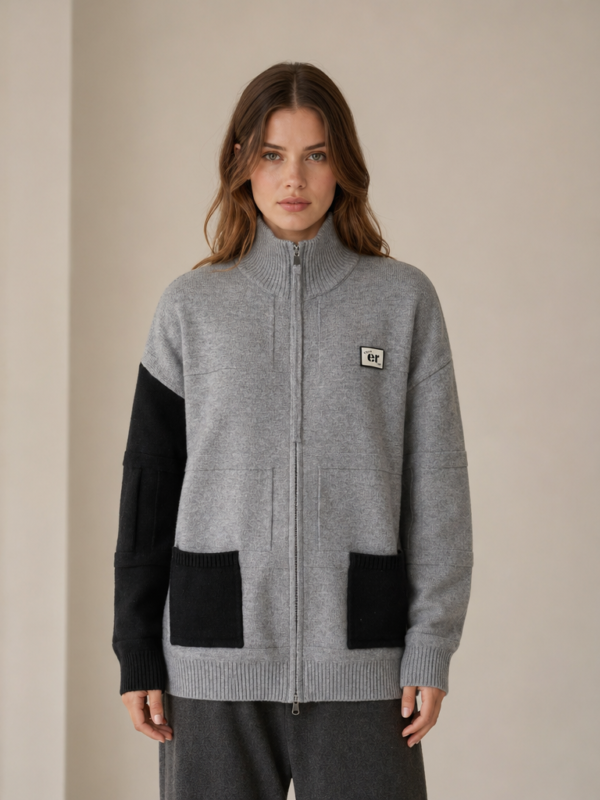 Women's Color Block Zip-Up Knit Cardigan