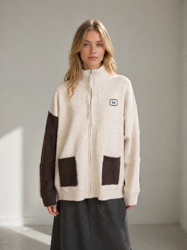 Women's Color Block Zip-Up Knit Cardigan