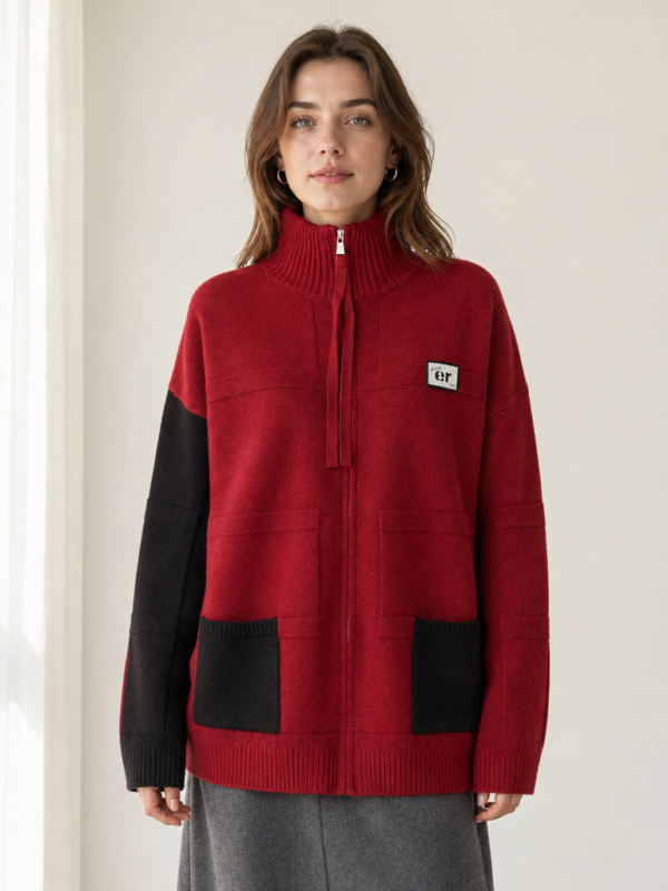 Women's Color Block Zip-Up Knit Cardigan