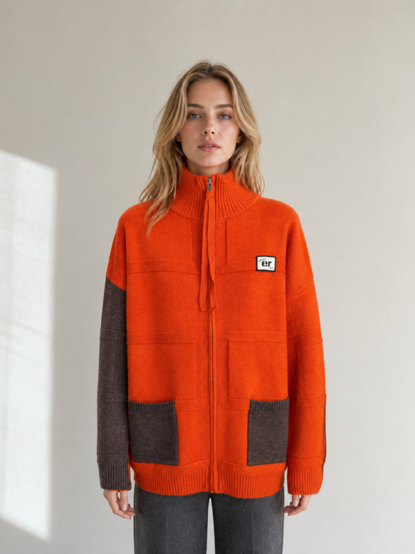 Women's Color Block Zip-Up Knit Cardigan