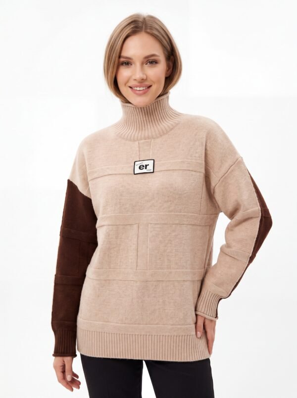 Color Block Turtleneck Knit Sweater for Women